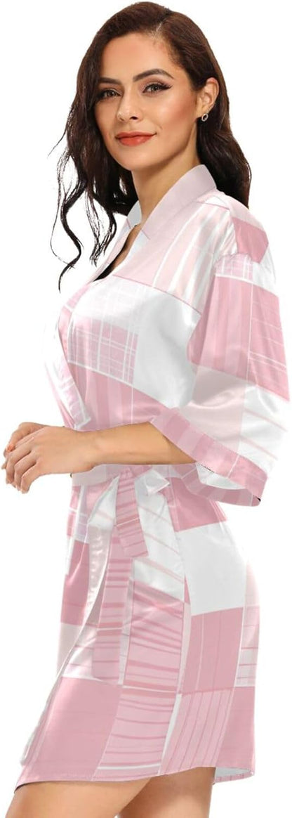 Light Blush and White Checkered Pattern Womans Bathrobes with Pockets Long Nightshirt after Shower