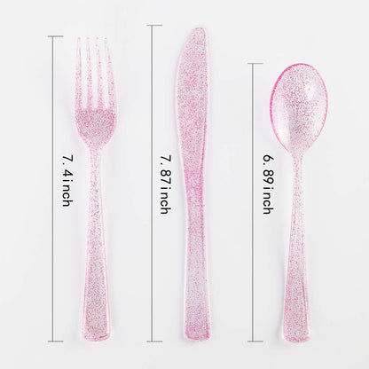 WDF Rose Gold Pink Plastic Plates with Pink Plastic Silverware include 40 Dinner & Salad Plates, 40Forks, 40 Knives, 40 Spoons for Party Baby Shower Wedding Spring