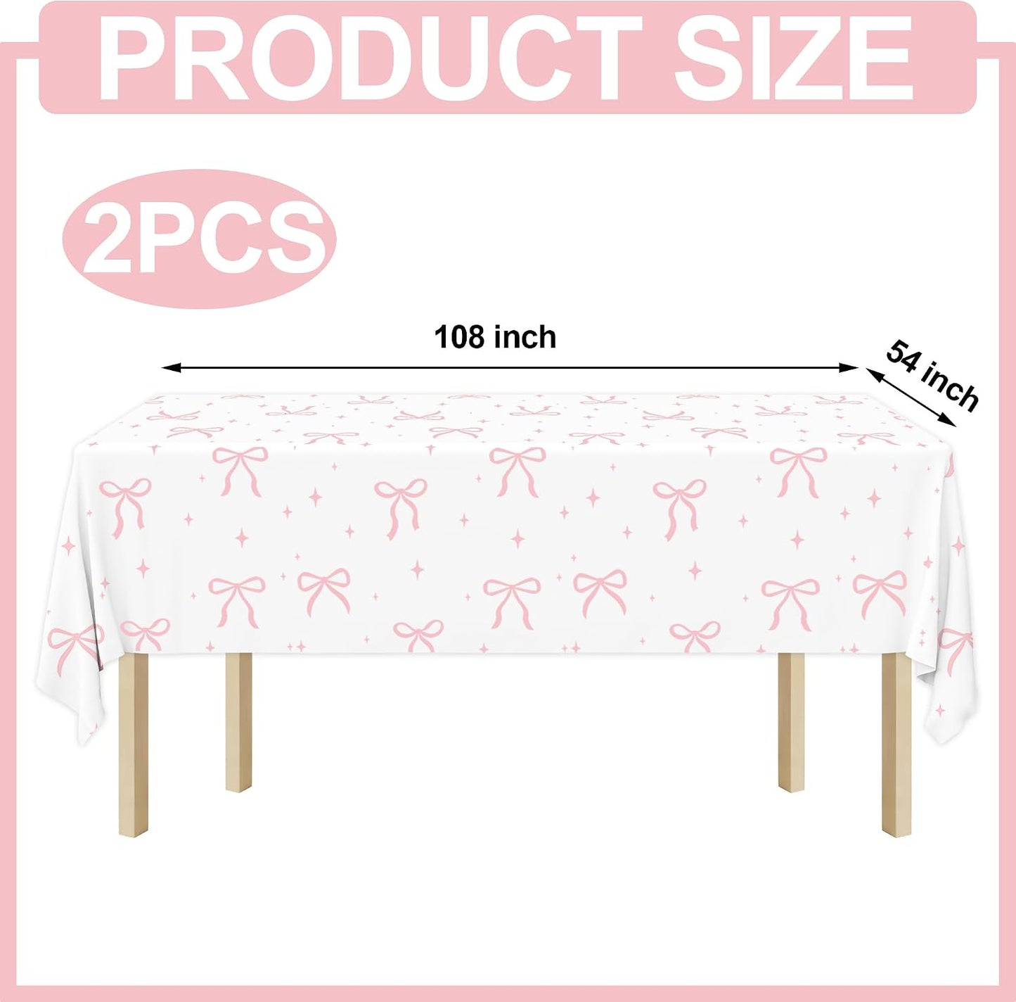 2 PCS Pink Bow Tablecloth Bow Theme Plastic Table Cover Rectangle Coquette Disposable Party Tablecloth for Women Girls Birthday Bridal Bachelorette Party Decor