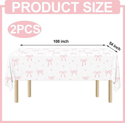 2 PCS Pink Bow Tablecloth Bow Theme Plastic Table Cover Rectangle Coquette Disposable Party Tablecloth for Women Girls Birthday Bridal Bachelorette Party Decor