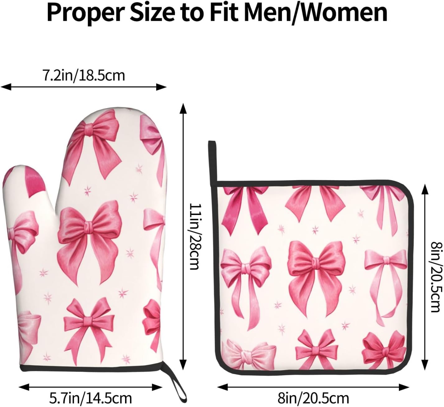 Light Pink Bows in Three Rows Oven Mitts and Pot Holders Sets,Heat Resistant Potholder Kitchen Decor for Cooking Baking BBQ, Oven Glove Set