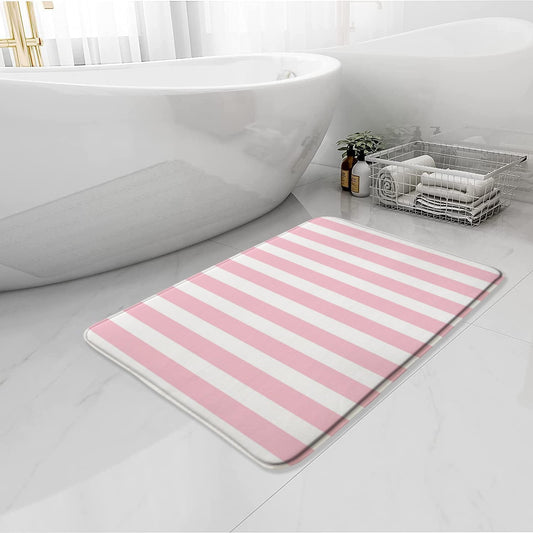 Pink White Striped Bath Mat Modern Geometric Fashion Minimalist Microfiber Memory Foam Bathroom Decor Mat 16X24 Inch