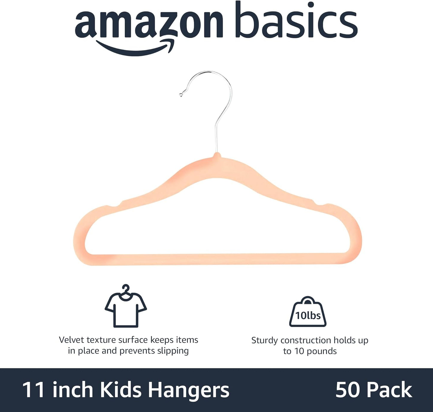 Amazon Basics Kids Space Saving Velvet Non-Slip Clothes Hangers with Shoulder Notches for Infant and Toddler, 11.6", Blush, 50-Pack