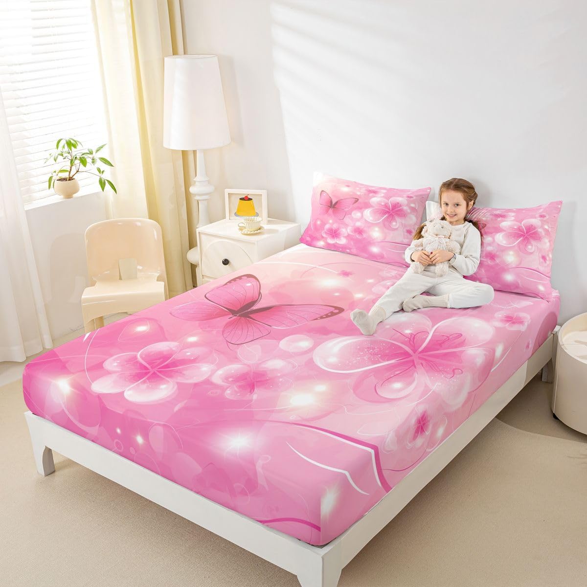 Erosebridal Flower Fitted Sheet Queen Size Butterfly Bed Sheets Glitter Peach Blossom Dots Princess Bedding Set for Kids Boys Girls Dreamy Pink Florals Line Sheets