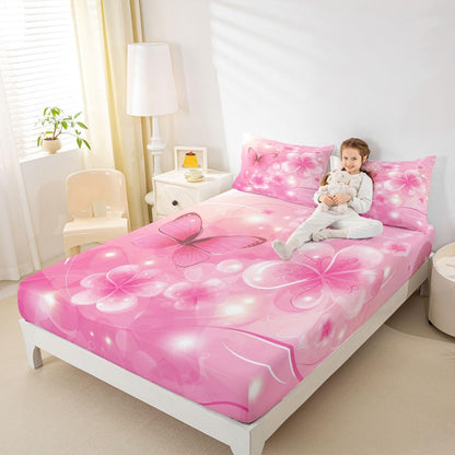 Erosebridal Flower Fitted Sheet Queen Size Butterfly Bed Sheets Glitter Peach Blossom Dots Princess Bedding Set for Kids Boys Girls Dreamy Pink Florals Line Sheets