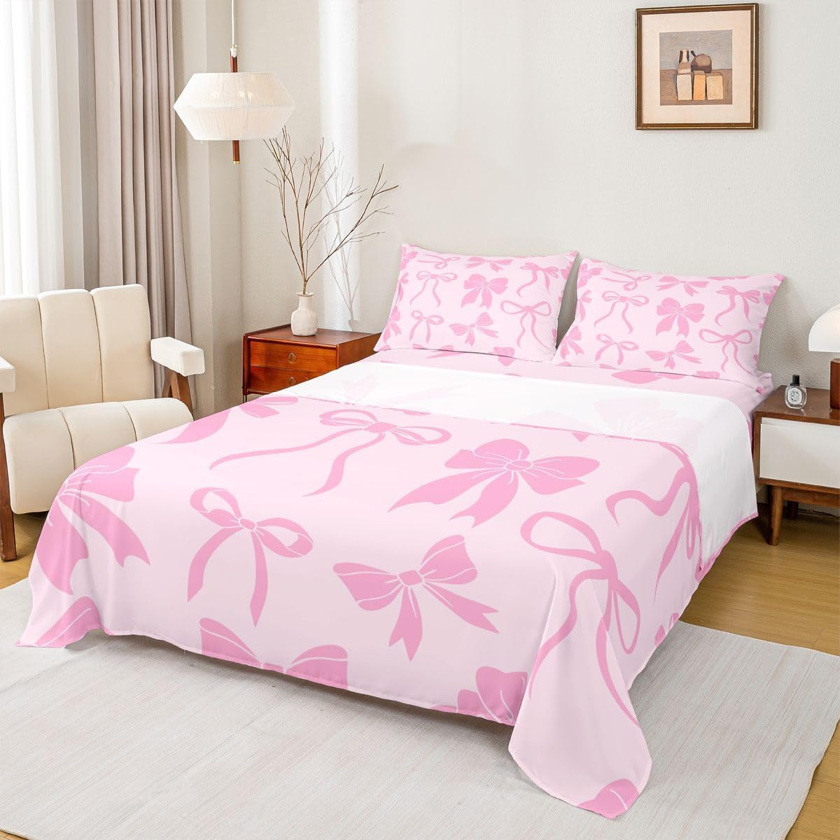 Feelyou Bow Bed Sheets Sets Queen Size Kids Boys Girls Cute Bowknot Bedding Set Pink Peach Bed Sheet Set with 16-Inch Deep Pockets 4Pcs with 2 Pillow Cases
