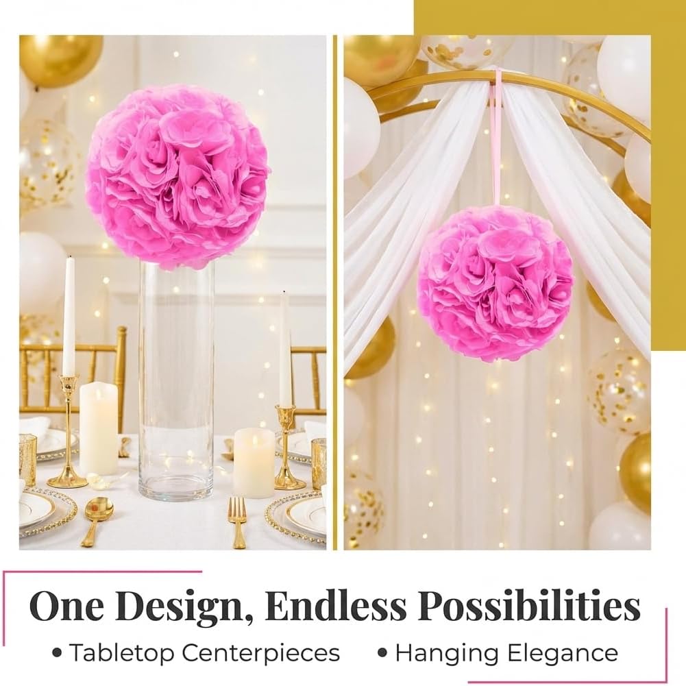 TCDesignerProducts Pink Silk Rose Kissing Ball, 12" Floral Hanging Decoration, Elegant Wedding Aisle Décor, Centerpiece Accent, Bridal & Baby Shower, Holiday & Home Display, Artificial Flower Ball