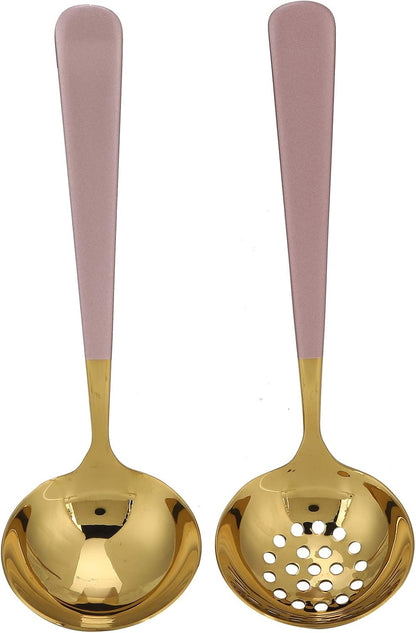 Premium Stainless Steel Soup Spoon Slotted Spoon Set Mirror Polish Ergonomic Handle Kitchen Cutlery for Dining Cooking Gift (Pink Gold)