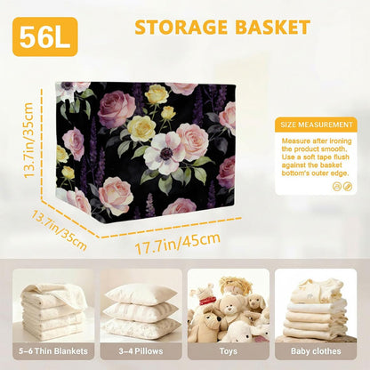 56L Pink Floral Foldable Square Laundry Hamper with Handles – Large Clothes, Blanket & Toy Storage Basket for Home Organization.