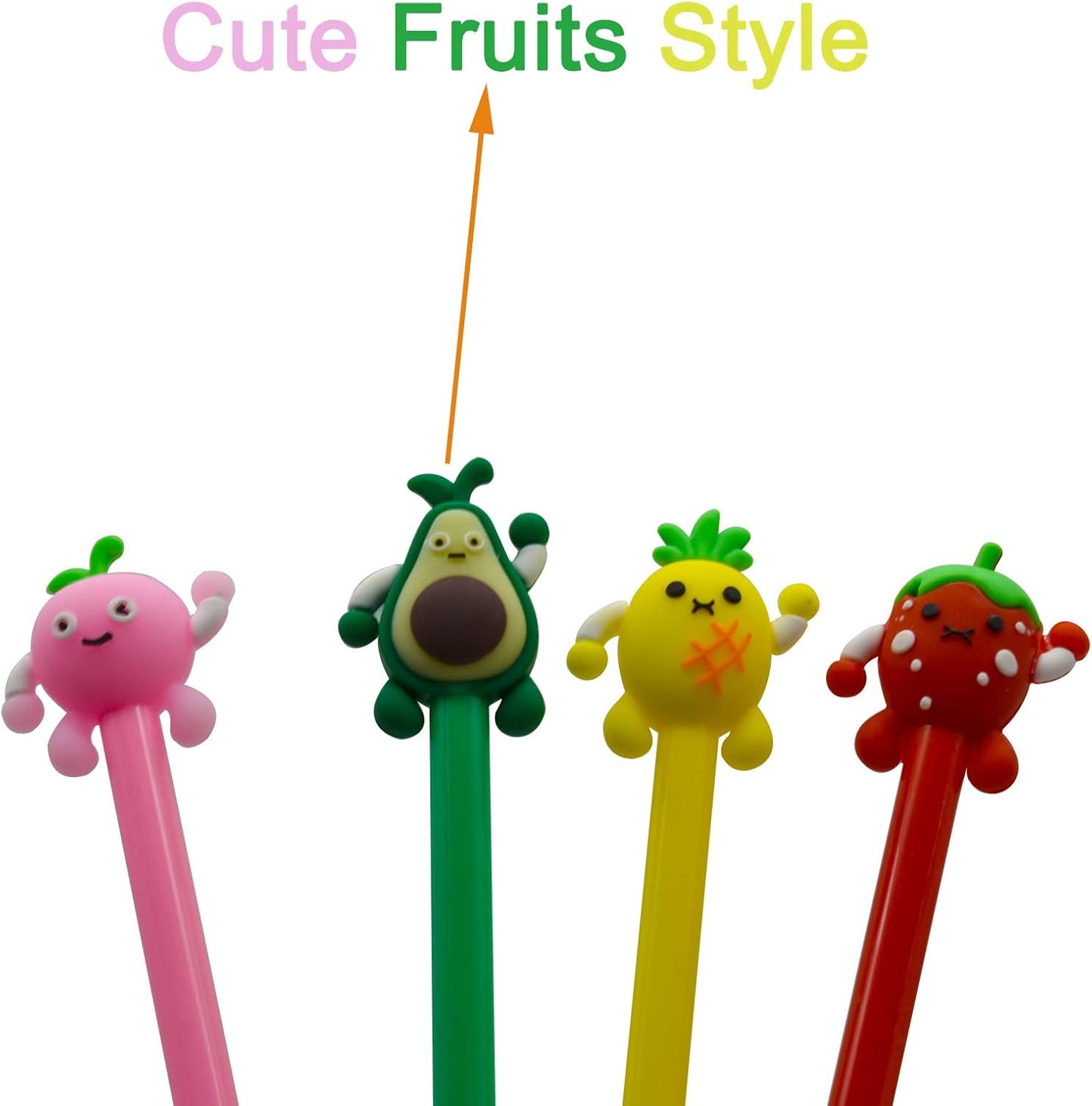 Maydahui 28 PCS Fruits Shaped Rollerball Pens Cute Kawaii Pen Black Gel Ink Strawberry Pineapple Juicy Peach Avocado Design for School Office Stationery Supplies