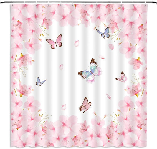 Spring Pink Floral Shower Curtain Cherry Blossoms Butterfly Asian Elegant Flower Valentine's Day Women Girl Charming Romantic Petal Bathroom Curtain Set Polyester Fabric Hooks 70 X 70 Inch