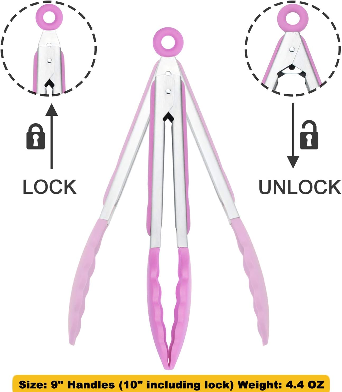 HINMAY Serving Tongs with Silicone Tips 9 Inches Stainless Steel Food Tongs, Set of 3 (Pink)