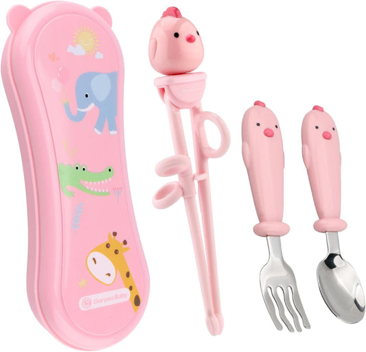 Toddler Utensils Stainless Steel Kids Silverware Set with Kids Training Chopsticks and Baby Spoon and Fork for Self Feeding Learning with Case (3PCS)(Pink)