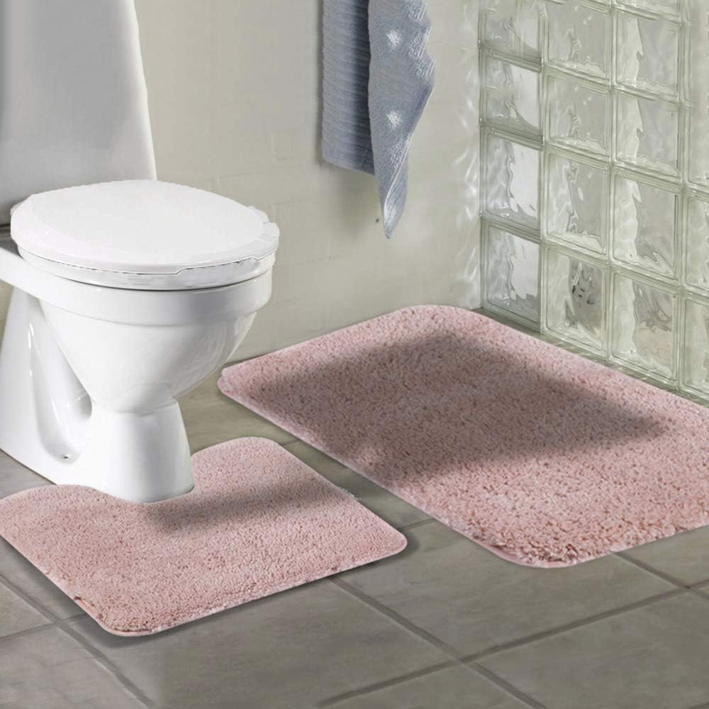 Walensee Shaggy 2 Piece Bath Rug Set (Dusty Pink) - 20 x 24 U Shape Contour & 20 x 32 Bath Mat - Machine Wash/Dry - Plush Absorbent Non Slip