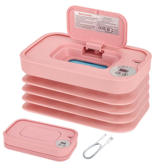 Wet Wipes Warmer, Wipe Warmer Cordless with 3 Adjustable Temperature, Foldable Portable USB Wipe Heater and Dispenser, Digital Display Space Saving Wipe Warmer with Lid for Home Outdoor Travel (Pink)