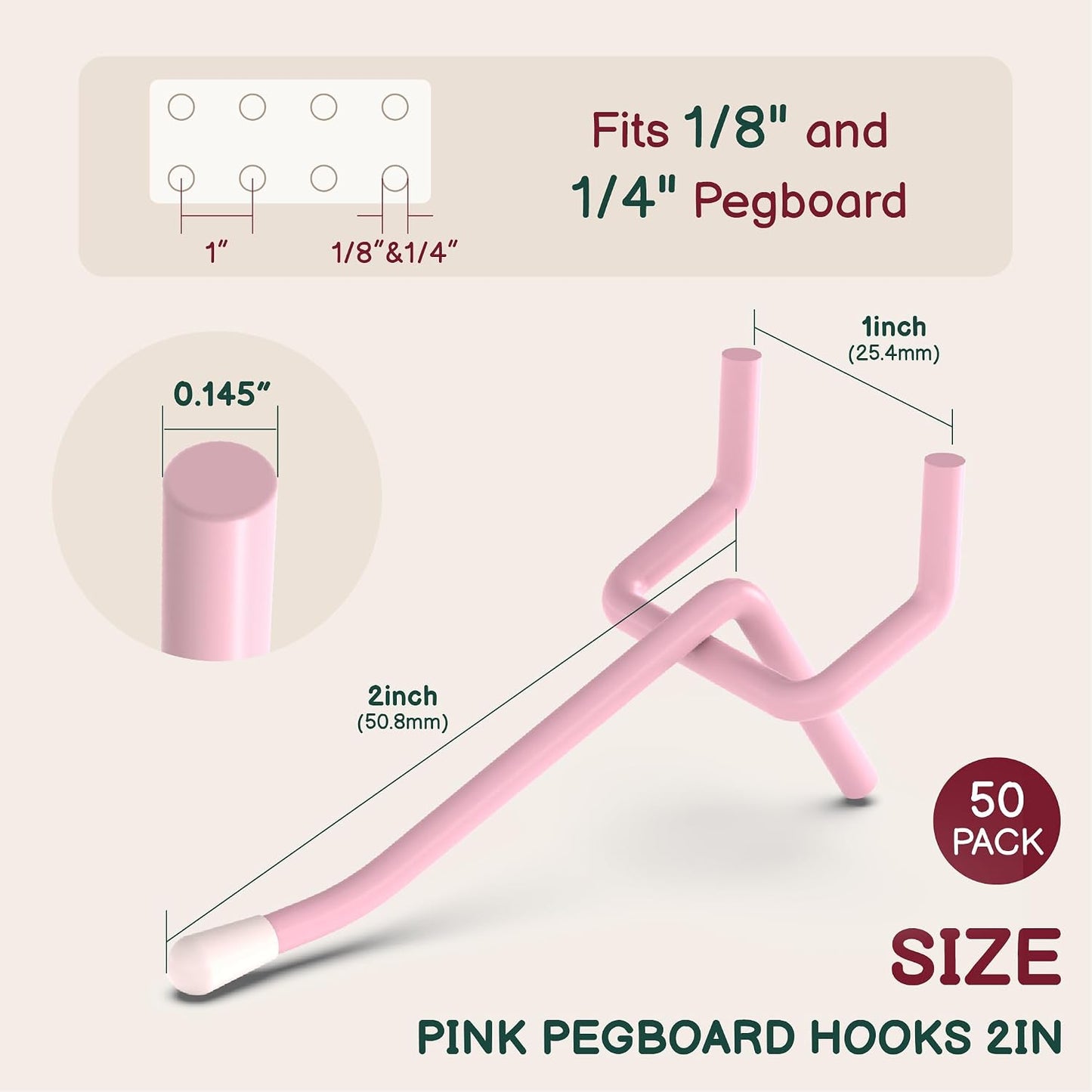 50-Pack Pink Pegboard Hooks 2 Inch - Fits 1/8 and 1/4 Inch Boards | Decorative Metal Peg Board Hangers with Rubber Safety Tips - Heavy Duty Organizer for Craft Room, Garage & Retail Display