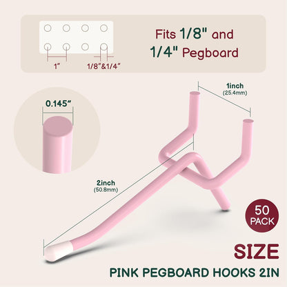 50-Pack Pink Pegboard Hooks 2 Inch - Fits 1/8 and 1/4 Inch Boards | Decorative Metal Peg Board Hangers with Rubber Safety Tips - Heavy Duty Organizer for Craft Room, Garage & Retail Display