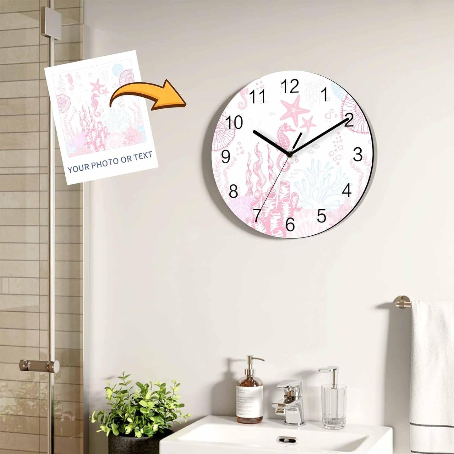 Ocean Wall Clock Battery Operated Non-Ticking 10" Round Wood Clocks, Seahorse Coral Shell Starfish Pink Kitchen Wall Clock for School Bathroom Living Room Home Office Wall Decor