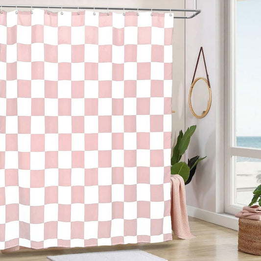 Tititex Aesthetic Checkerboard Grid Pattern Faux Linen Fabric Shower Curtain, White Blush Pink Modern Shower Curtain Sets Decoration 71x71 Inch with 12 Hooks