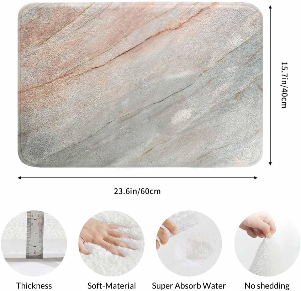 Marble Bath Mat for Bathroom Light Marble Texture Stone Rock Floor Grey Pink Bath Rugs Door Mat Non Slip Rubber Backed Bathroom Floor Mat for Bathtub Sink Shower 16"X24"