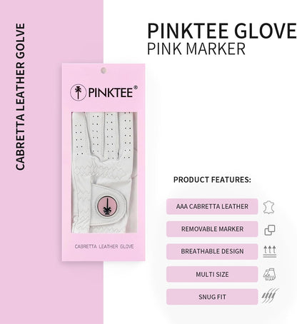 PINKTEE Women's Golf Glove Left Hand Ladies Pink Cabretta Leather Golf Gloves with Removable Magnetic Ball Marker Full Finger