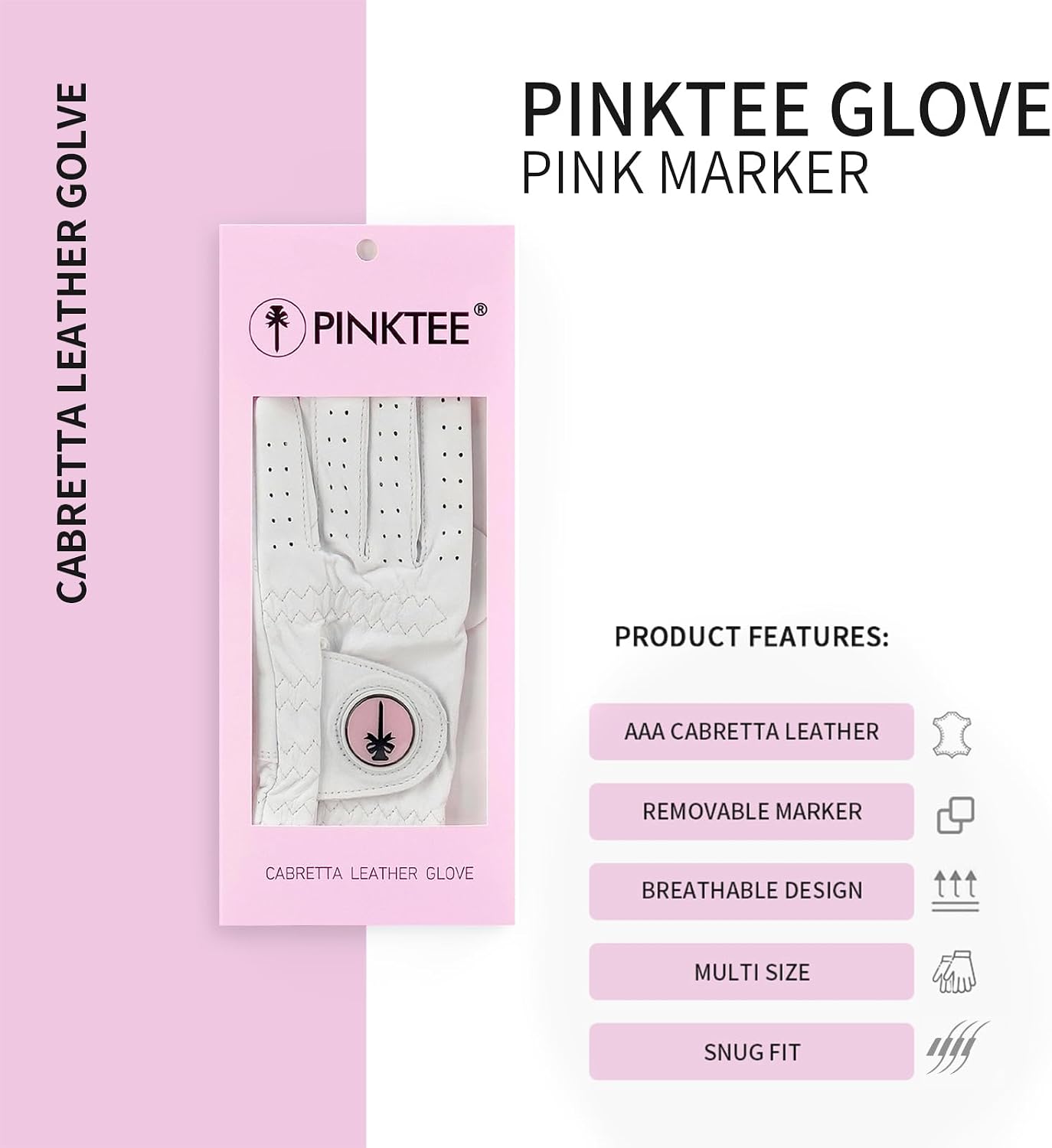 PINKTEE Women's Golf Glove Left Hand Ladies Pink Cabretta Leather Golf Gloves with Removable Magnetic Ball Marker Full Finger