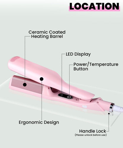 1 1/4 Inch Hair Waver Crimper,Cimper Tool Hair Crimper Waver,Deep Wave Iron with 2 Ceramic Barrel,Pink