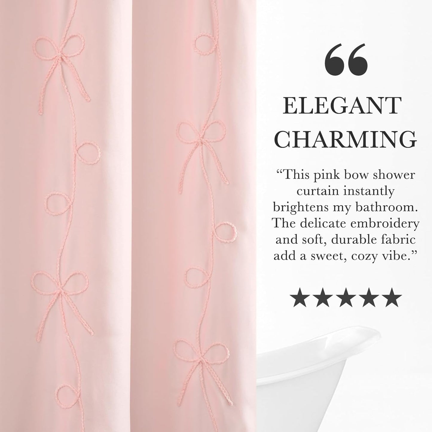 Seasonwood Pink Bow Shower Curtain,Cute Cording Bow Embroidery Shower Curtain,Pretty Girly Shower Curtains for Bathroom,Aesthetic Bathroom Decor(Pink,72x72 Inches)