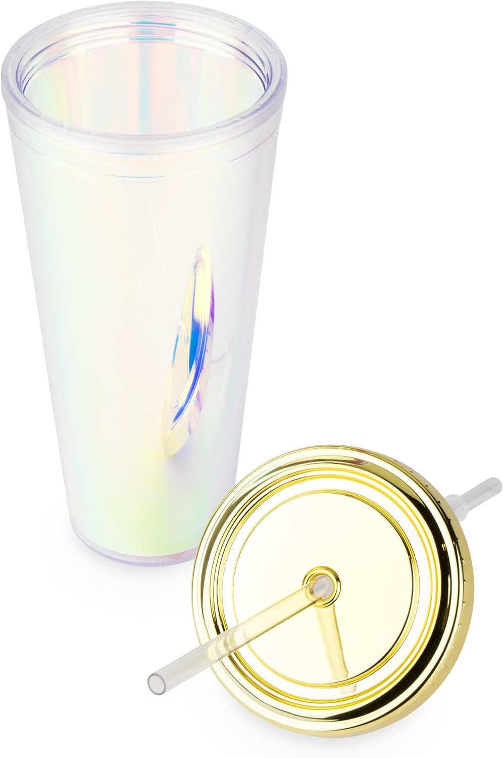 Blush Iridescent Cute Drink Tumbler | Reusable, Leak-Proof, Travel, Clear Plastic, Slim, Iced Coffee Cup with Silicone Seal, Screw-On-Lid, and Straw, 24oz