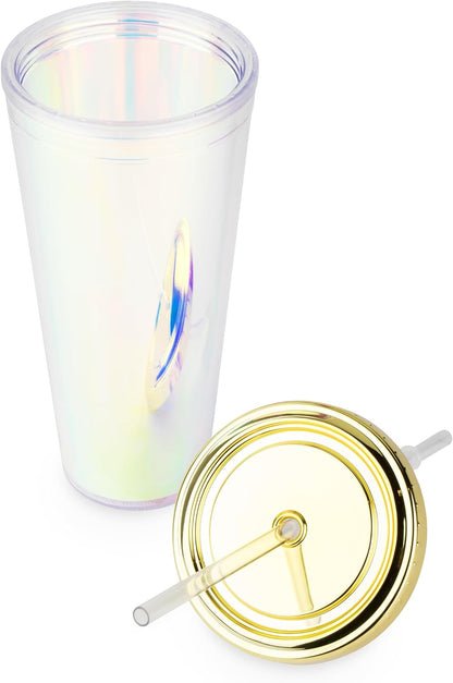 Blush Iridescent Cute Drink Tumbler | Reusable, Leak-Proof, Travel, Clear Plastic, Slim, Iced Coffee Cup with Silicone Seal, Screw-On-Lid, and Straw, 24oz