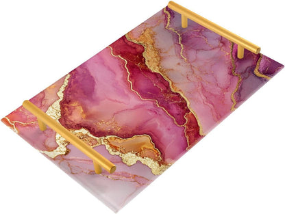 Marble Rose Gold Hot Pink Decorative Acrylic Serving Tray with Handles Trays for Coffee for Jewelry Perfume for Party Serving bandeja desayunos sorpresa para cumpleanos