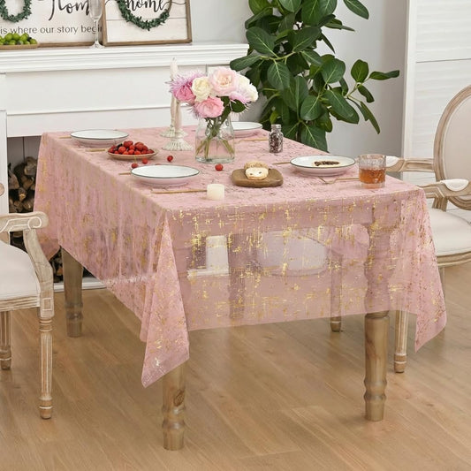 Horaldaily Pink Gold Gauze Tablecloth 60x84 Inch Rectangular, Golden Glitter Metallic Foil Thin Mesh Table Cover, Sheer Tulle Cheesecloth for Wedding Baby Shower Party