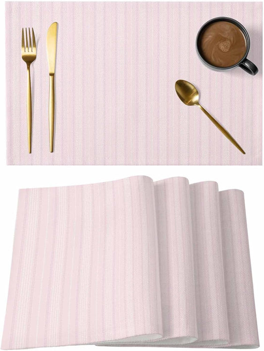 Blush Pink Line Striped Placemats Set of 6, Farmhouse Pink Stripes Placemats for Dining Table, Place Mats for Kitchen Tabletop, Waterproof Wipeable Dining Table Mats Set