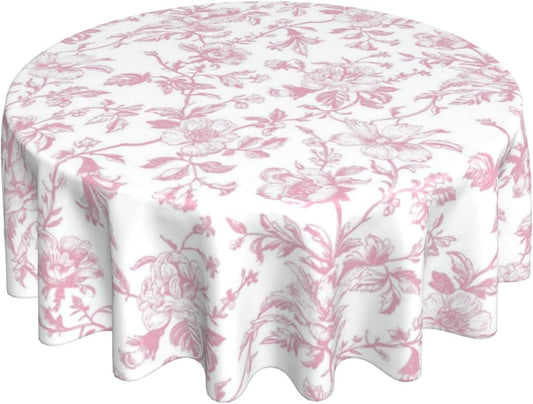 Pink Floral Round Tablecloth 70 Inch Chinoiserie Flower Toile Pink Table Cloth Vintage Polyester Fabric Farmhouse Round Floral Table Cover for Party Dining Picnic Kitchen Decor Indoor Outdoor