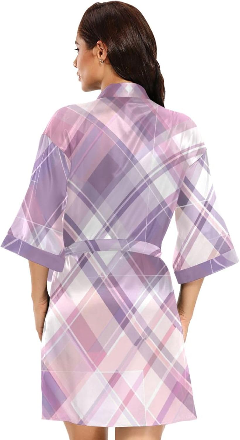 Pastel Pink and Purple Tartan Plaid Womans Bathrobes Warm Woman V Neck Nightshirts for Hospital