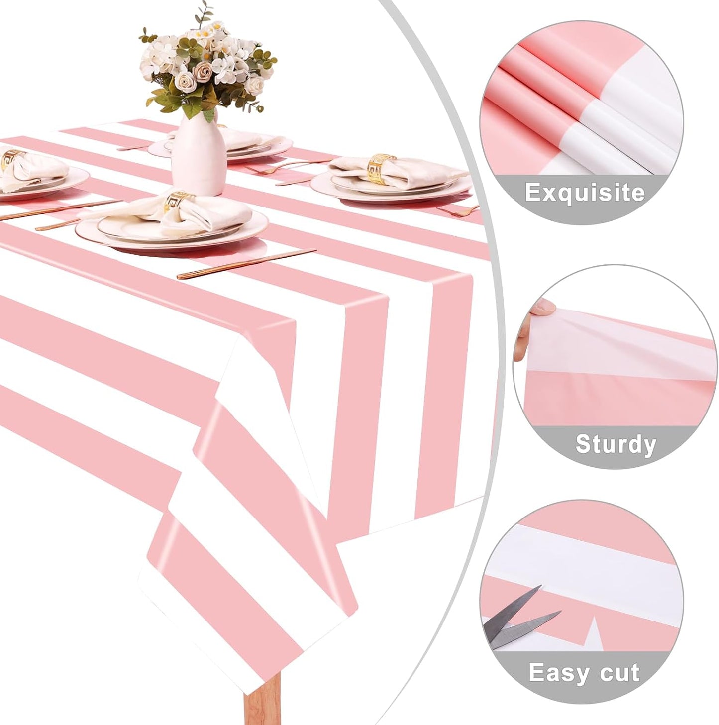 3 Packs Pink and White Striped Tablecloths 54 x 108 Inch Disposable Waterproof Plastic Table Covers Vertical Pink Striped Tablecloths for Birthday Party Baby Shower Wedding Outdoor Picnic
