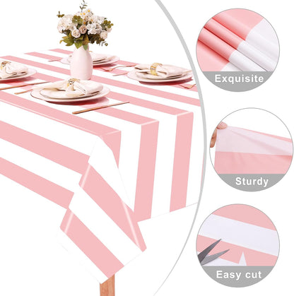 3 Packs Pink and White Striped Tablecloths 54 x 108 Inch Disposable Waterproof Plastic Table Covers Vertical Pink Striped Tablecloths for Birthday Party Baby Shower Wedding Outdoor Picnic