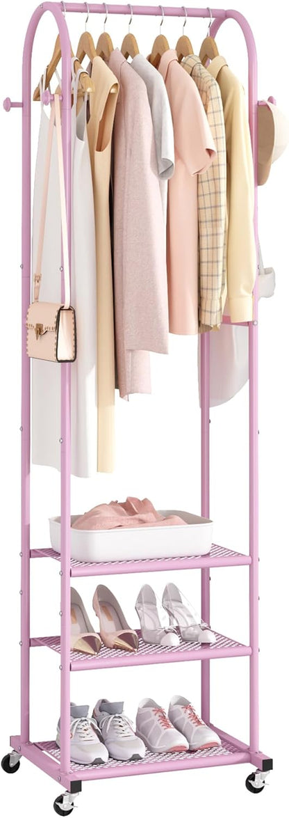 Kaitiemoo Heavy Duty Clothing Rack With Wheels,Modern Garment Rack With 3 Metal Shelves, 71.8Inches Display Rack For Hanging Clothes, Hanging Rod For Small Space,Pink