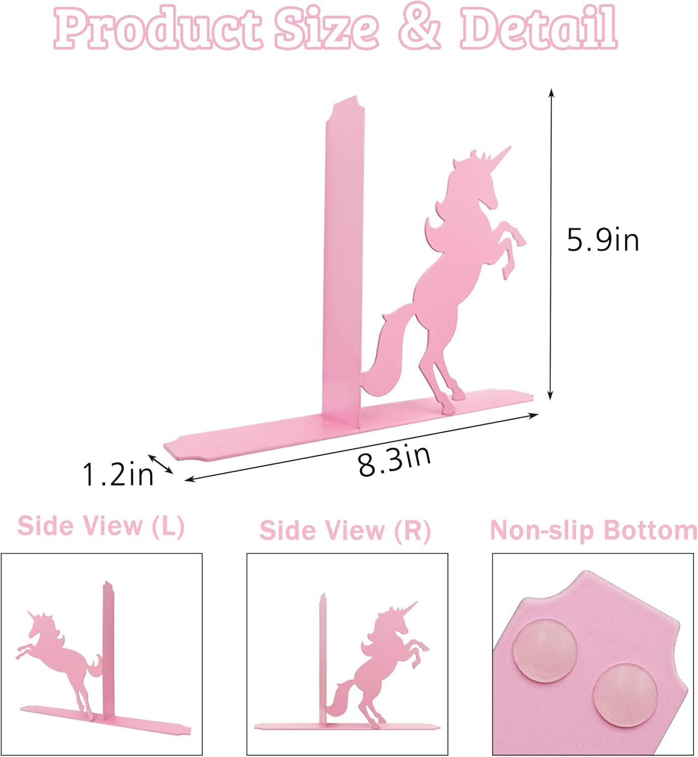 Unicorn Bookends for Kids - Pink Metal Bookshelf Decor, 8.27x1.18x5.98 Inch Children's Book Holders, Cute Unicorn Room Decor for Girls Bedrooms