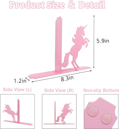 Unicorn Bookends for Kids - Pink Metal Bookshelf Decor, 8.27x1.18x5.98 Inch Children's Book Holders, Cute Unicorn Room Decor for Girls Bedrooms