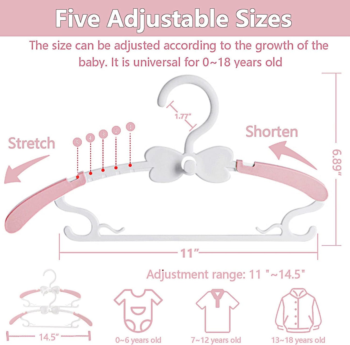 WJWSKI Baby Hangers for Closet 20pcs, Pink Kids Clothes Hanger Plastic, 11-14.5" Adjustable Perchas for Child Dresses, Non-Slip Children Bow Hanger for Girl Toddler Infant Nursery Newborn Clothing