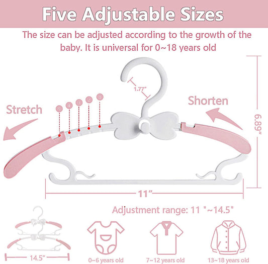 WJWSKI Baby Hangers for Closet 20pcs, Pink Kids Clothes Hanger Plastic, 11-14.5" Adjustable Perchas for Child Dresses, Non-Slip Children Bow Hanger for Girl Toddler Infant Nursery Newborn Clothing