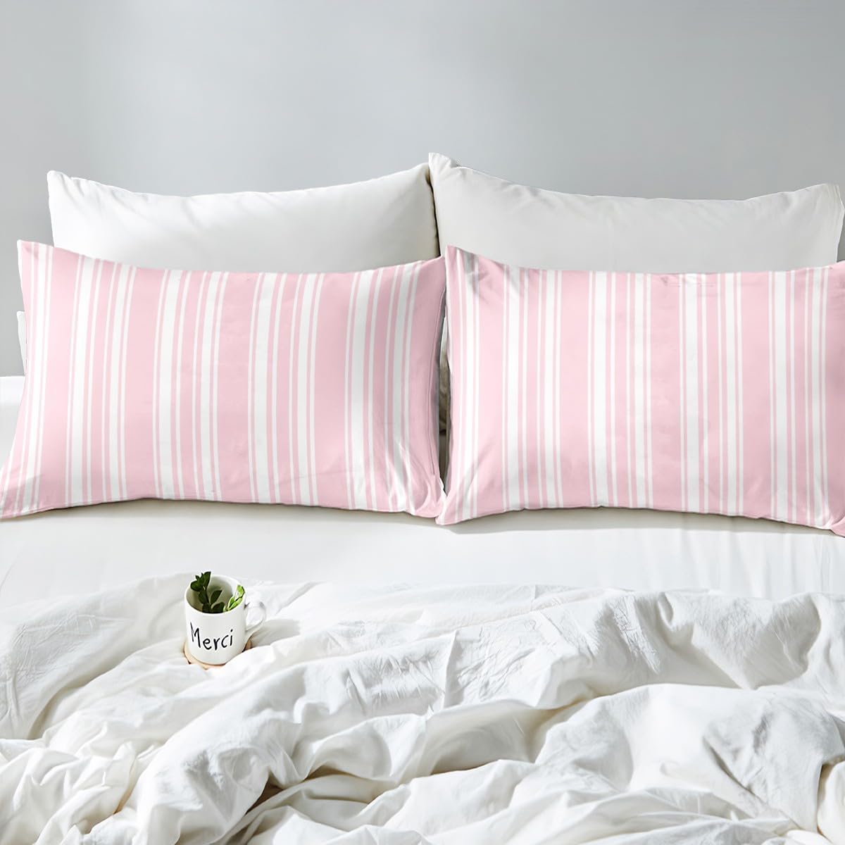 Pink Stripe Girls Fitted Sheet Twin Size,Modern Striped Woman Bedding Set,Minimalist and Neutral Style Bed Sheets 2 Pieces (No Flat Sheet),Farmhouse Fashion Deep Pocket Sheet,1 Pillowcase