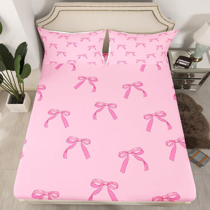 Erosebridal Girls Bow Sheet Set Cute Bowknot Bed Sheets Set for Girls Women Dreamy Princess Twin Size Sheets,Preppy Pink Coquette Room Decor
