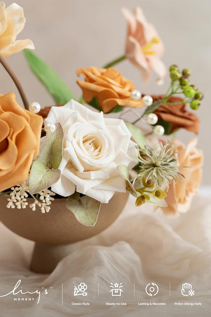 Ling's moment Fake Flowers Box, Faux Artificial Greenery Stems Foam Roses Dahlia Gardenia Tulip Silk Fabic Flower for Centerpieces Bouquet Wedding Vase Decorations, Apricot & Peach, Mini Combo