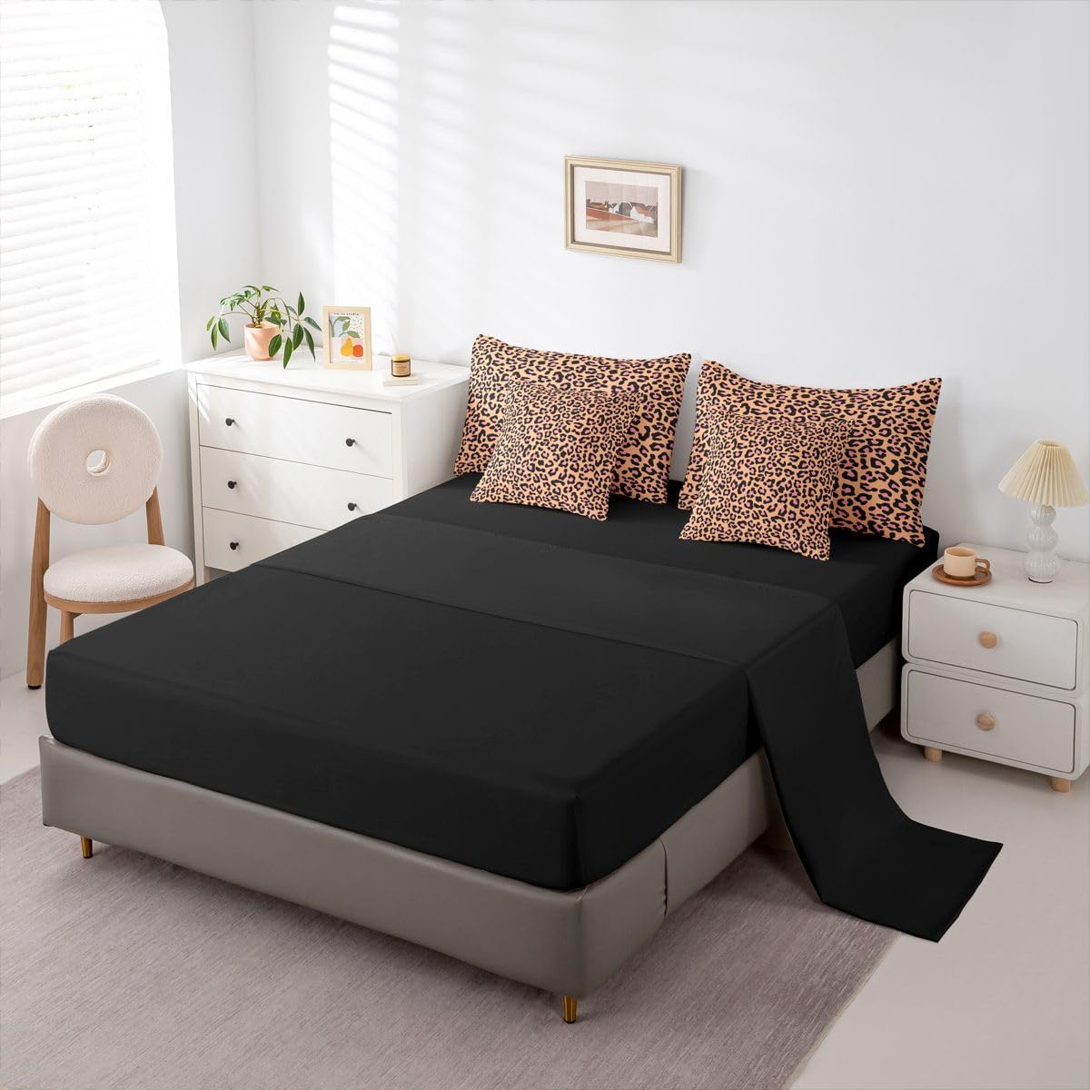Erosebridal Girly Leopard Print Twin Size Bedding Set Animal Print 7 Pieces Comforter Set with Sheets Girl Women Golden Yellow Wildlife Cheetah Bed in a Bag Fashion Peach Pink Bed Sets