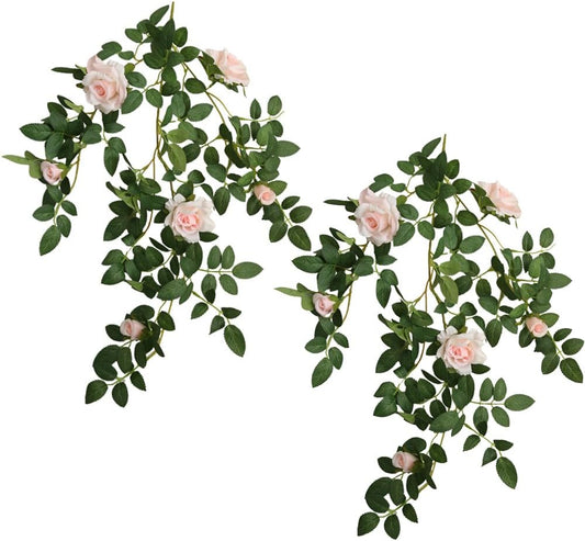 Artificial Hanging Rose Flowers, 2pcs Fake Rose Vine Plants Silk Flower Garland for Home Room Garden Wedding Indoor Outdoor Decoration (Light Pink)