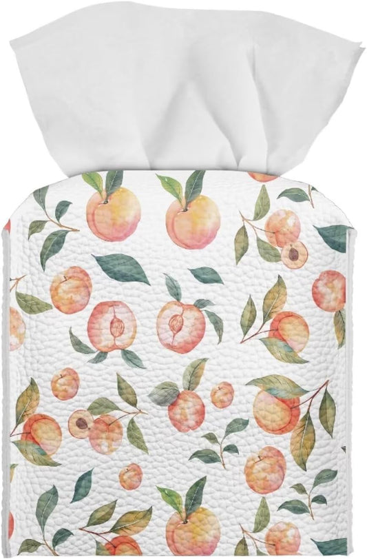 Cute Peach Tissue Box Cover PU Leather Waterproof White Square Tissue Holder Elegant Modern Decorative Print Tissues Cube Organizer for Home Office Kitchen Room Decor