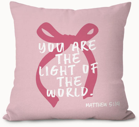 Pink Bow Inspirational Christian Pillow Covers 18x18, Preppy Room Dorm Decor, You are The Light of The World Bible Verse Decorative Throw Pillow Covers Pillowcases for Girls Bedroom Home Decor