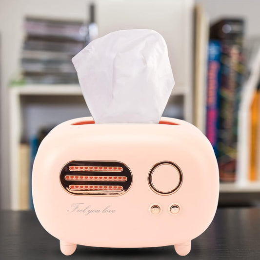 19.5cm/7.7in Retro Radio Tissue Box Cover, Vintage Radio Tissue Holder Dispenser Napkin Case Table Decor for Bathroom, Living Room, Bedroom, Home Decoration(Pink)